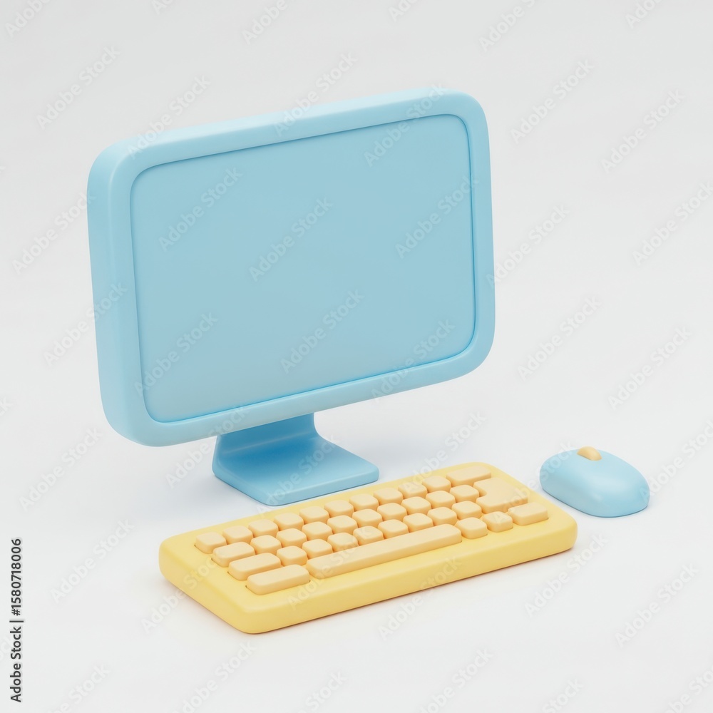 Fototapete 3d computer setup with monitor keyboard and mouse isolated on white background
