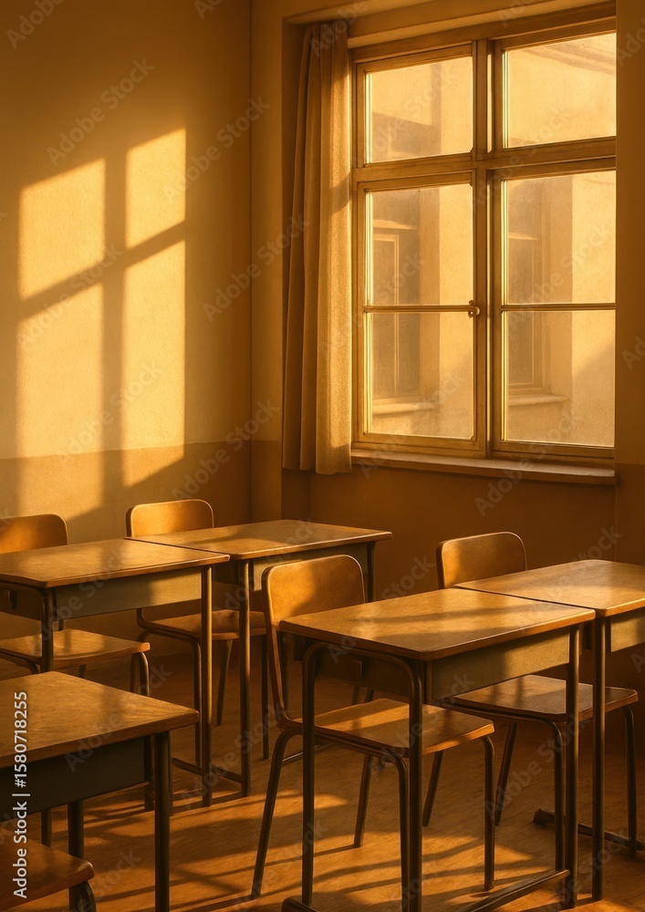 Poster sunlit classroom with empty desks.