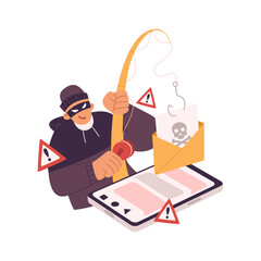 Illustration of hacker activities phishing scam and hack data. Fishing hook with email envelope icon.  Flat design vector