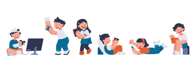 Gadget addiction in kids. Boys and girls with phones, computer and tablets. Children playing video games. Flat vector illustration
