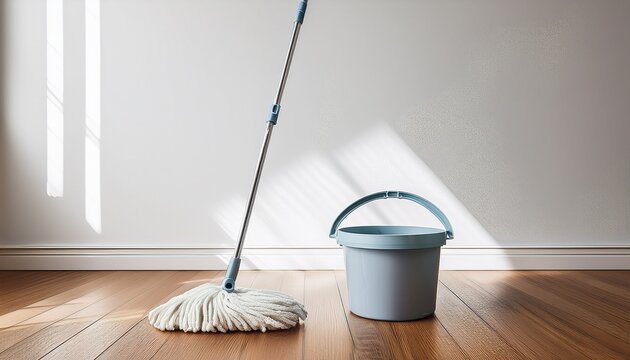 clean string mop and plastic bucket placed on polished wooden floor near a plain white wall minimalistic interior