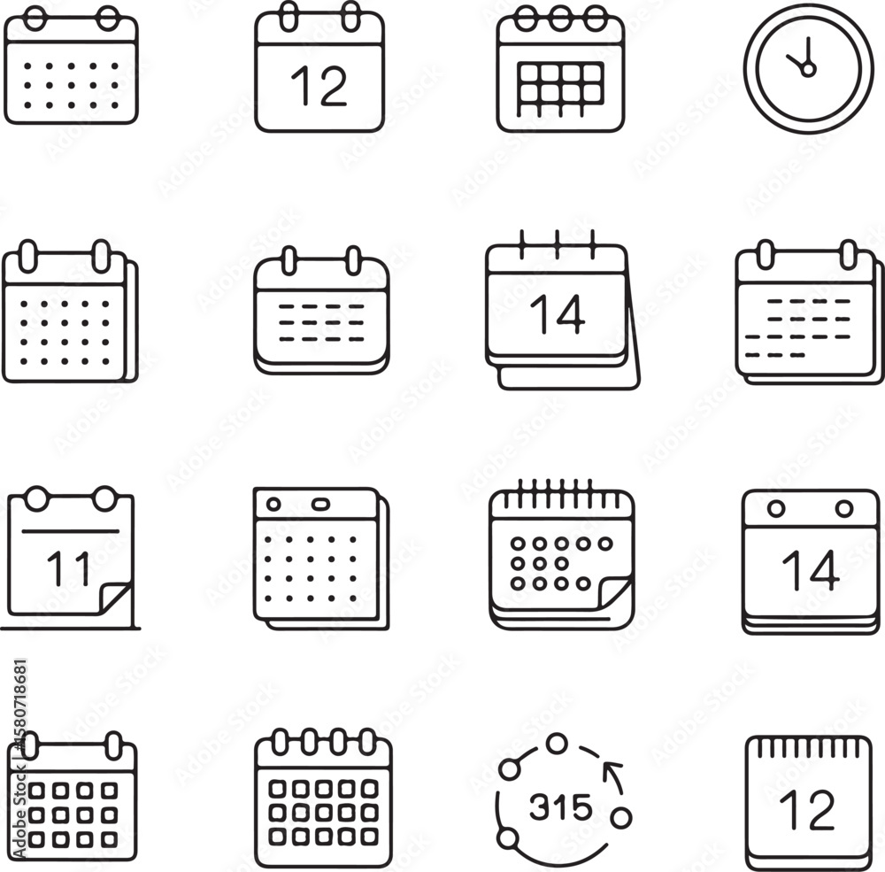 Poster collection of modern flat line icons representing calendars and a clock