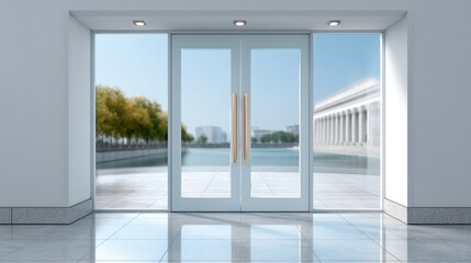 Door entry for smart offices, Glass doors open to a scenic view of a river, trees, and a classical building with columns under a clear blue sky.