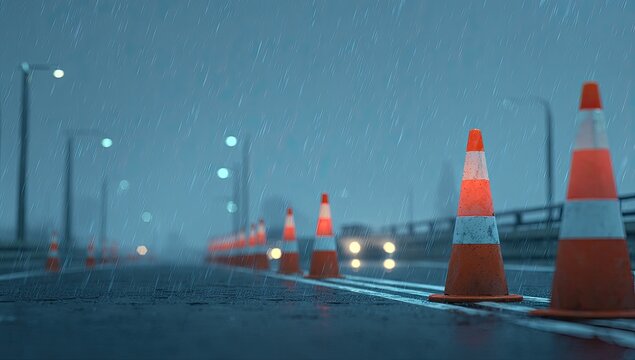 Rainy night highway closure. Orange traffic cones line a wet roadway under a misty sky