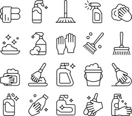 Collection of cleaning and hygiene related line art icons for household tasks