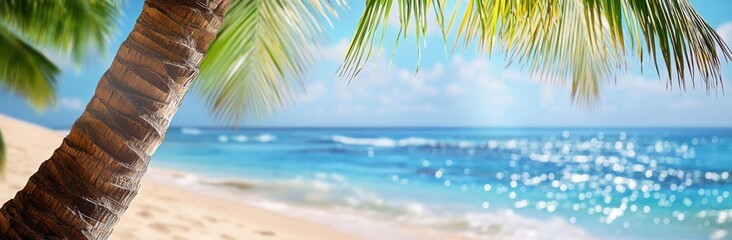 Tropical beach scene with a coconut palm tree trunk, lush green fronds, golden sandy shore, clear blue sky, and sparkling turquoise ocean waves, evoking a serene and idyllic summer vacation or paradis