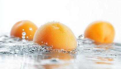 Fresh Apricots Splashing into Clear Water on white background

