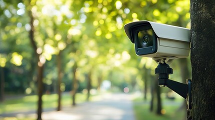 A security camera mounted on a tree monitors a sunlit park pathway surrounded by green foliage.