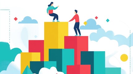 Two figures ascending a colorful block pyramid