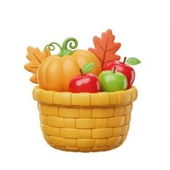 3d autumn harvest basket with pumpkin and apples isolated on white background