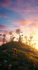 Sunset illuminates a field of fantastical steampunk windmills resembling metallic flowers on a grassy hill. Rustic, dreamlike, and futuristic, Mobile Wallpaper