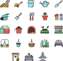 Colorful gardening icon set with tools, plants, and decorations