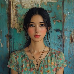 Fototapeta premium Portrait of a Young Woman with Long Hair Against a Vintage Background