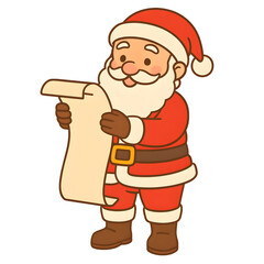 Cartoon Santa Claus holding a long scroll, checking his Christmas list while smiling in festive holiday spirit.
