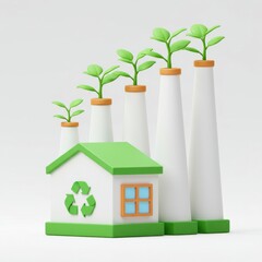 3d eco factory with growing plants isolated on white background