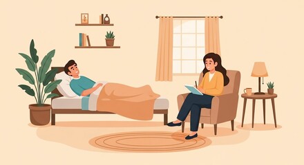 Fototapeta premium Cartoon patient lying on a couch during a therapy session with a male therapist taking notes. Warm lighting, calm atmosphere, cozy room