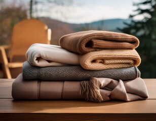 concept of minimal travel packing with multi purpose clothing stacked cozy blankets on a wooden surface with a blurred background