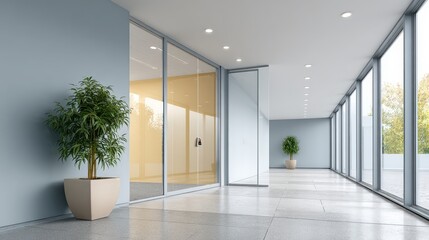 Fototapeta premium Door entry for smart offices, A modern, spacious lobby with large glass windows, potted plants, and sleek gray walls, creating a bright and welcoming office environment.