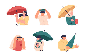 Men and women set holding umbrellas, wearing raincoat, and jacket in rainy weather. Set of people character trapped in the rain. Flat vector illustration isolated on white background
