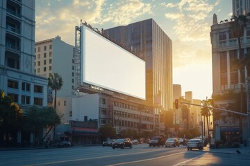 Tall Los Angeles tower with white blank billboard reflecting golden tones of evening light, soft urban skyline and clear building lines