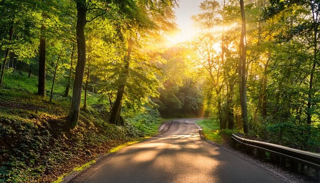 sunlit pathway through verdant forest canopy golden hour illumination on winding road