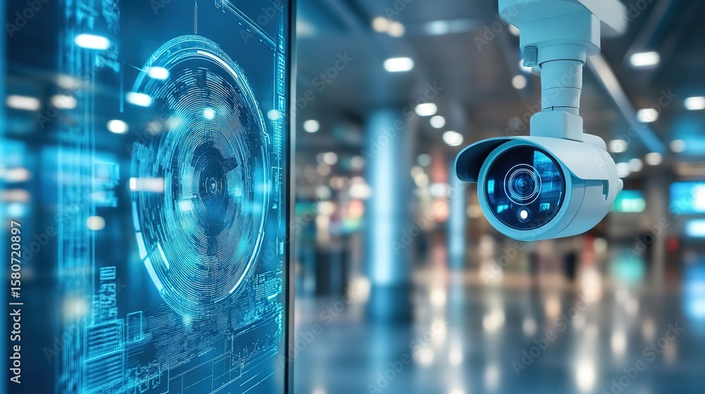 Poster a security camera monitors a digital fingerprint scan, symbolizing advanced biometric security techn