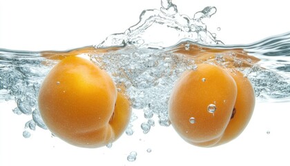 Fresh Apricots Splashing into Clear Water on white background


