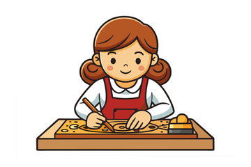 A cheerful cartoon girl with brown hair wearing a red apron is diligently working on a craft project at a wooden table