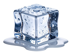 Hyper-realistic 3D melting ice cube with small water puddle and condensation droplets, transparent PNG background