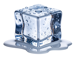 Hyper-realistic 3D melting ice cube with small water puddle and condensation droplets, transparent PNG background