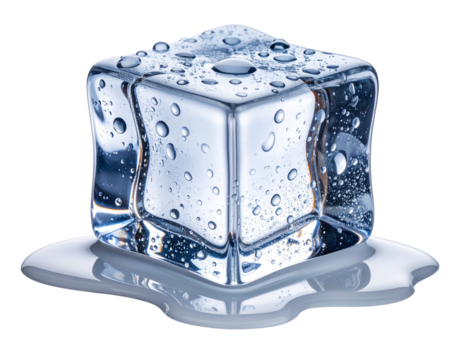 Hyper-realistic 3D melting ice cube with small water puddle and condensation droplets, transparent PNG background