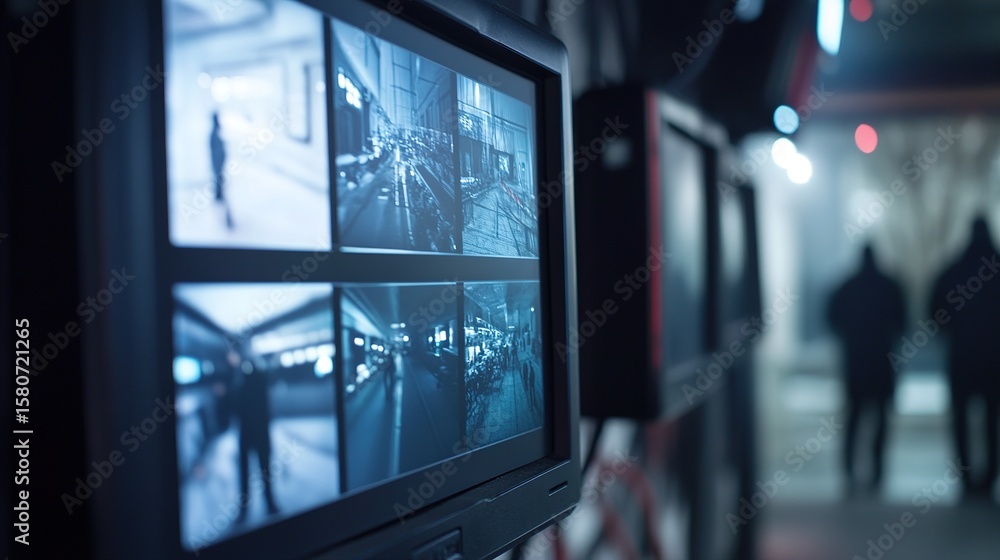 Poster a security monitor displays multiple cctv camera feeds in a dimly lit surveillance room with a blurr