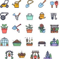 Colorful gardening icon set with tools, plants, and decorations