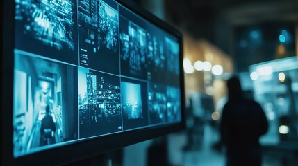 A security monitor displays multiple surveillance camera feeds in a dimly lit room with a blurred figure in the background.