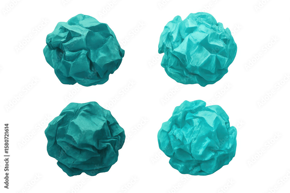 Poster crumpled turquoise paper balls scattered across transparent surface, highlighting textural complexit