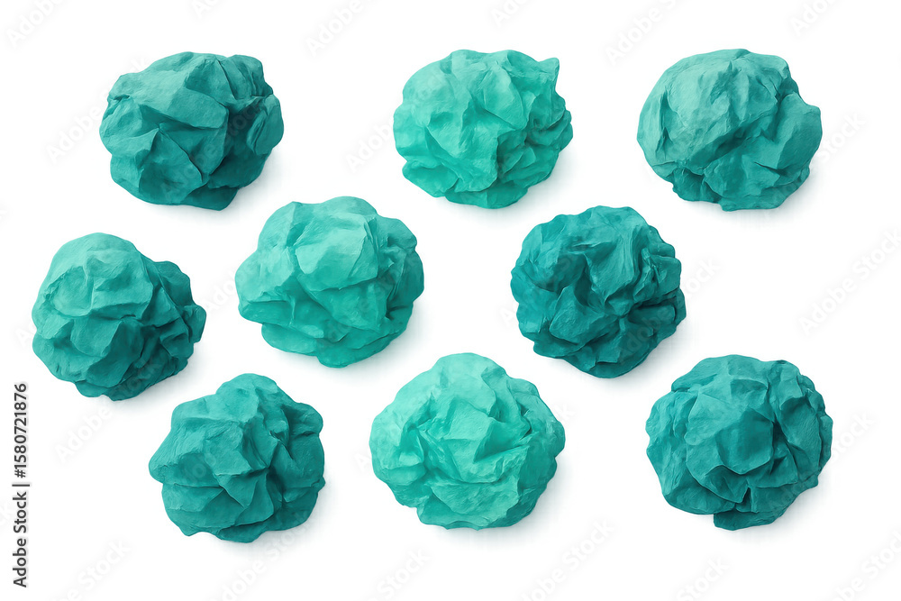 Poster crumpled turquoise paper balls scattered randomly, creating textural contrast on translucent surface