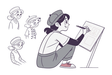 Creative young artist sketching character designs on a drawing board with multiple character references