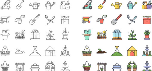 Full garden icon pack in outline and color styles with tools and plants