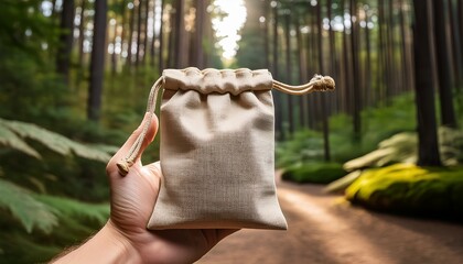 zero waste camping essentials featuring reusable linen pouch held by hand eco friendly storage bag sustainable travel accessory showcased on scenic forest path for mindful and eco friendly adventure