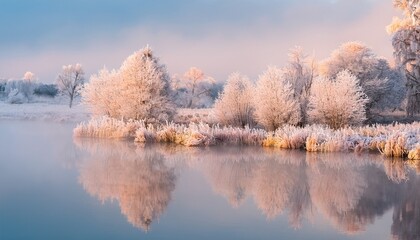 serene pastel landscape featuring a delicate cluster of frost covered plants reflecting in a calm body of water