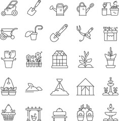 Minimal line icon set of gardening tools and outdoor elements