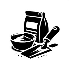 Black and White Vector Silhouette of a Cement Bag with Trowel