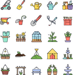 Colorful gardening icon set with tools, plants, and decorations
