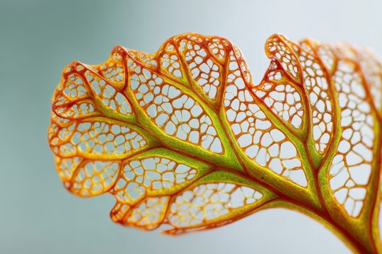 Decaying leaf detail reveals intricate vein structure against muted background