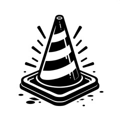 Black and White Vector Silhouette of Warning Cone at Construction Site