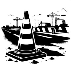 Black and White Vector Silhouette of Warning Cone at Construction Site