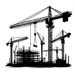 Black and White Vector Silhouette of a Tower Crane on Construction Site