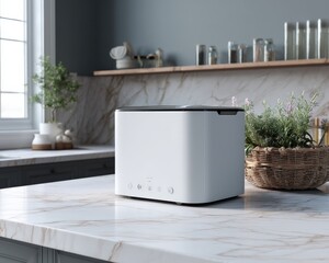 Modern white appliance sits on a marble kitchen counter, next to a woven basket of herbs.