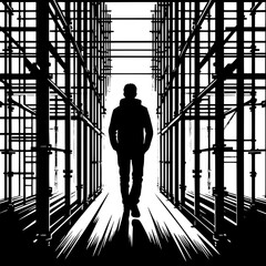 Black and White Vector Silhouette of a Man Walking Through Scaffolding