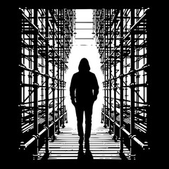 Black and White Vector Silhouette of a Man Walking Through Scaffolding
